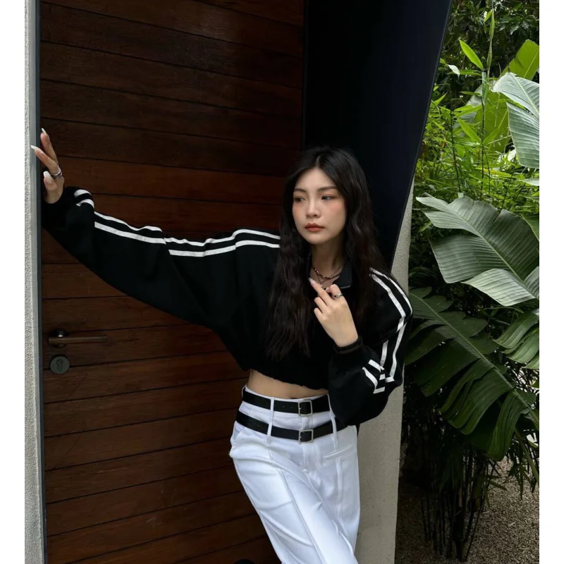 Apricot Women Sweatshirt Coat Solid Stripe Vintage Long Sleeve Short Korean Fashion Casual Y2K Style 2023 NEW Autumn Female Tops