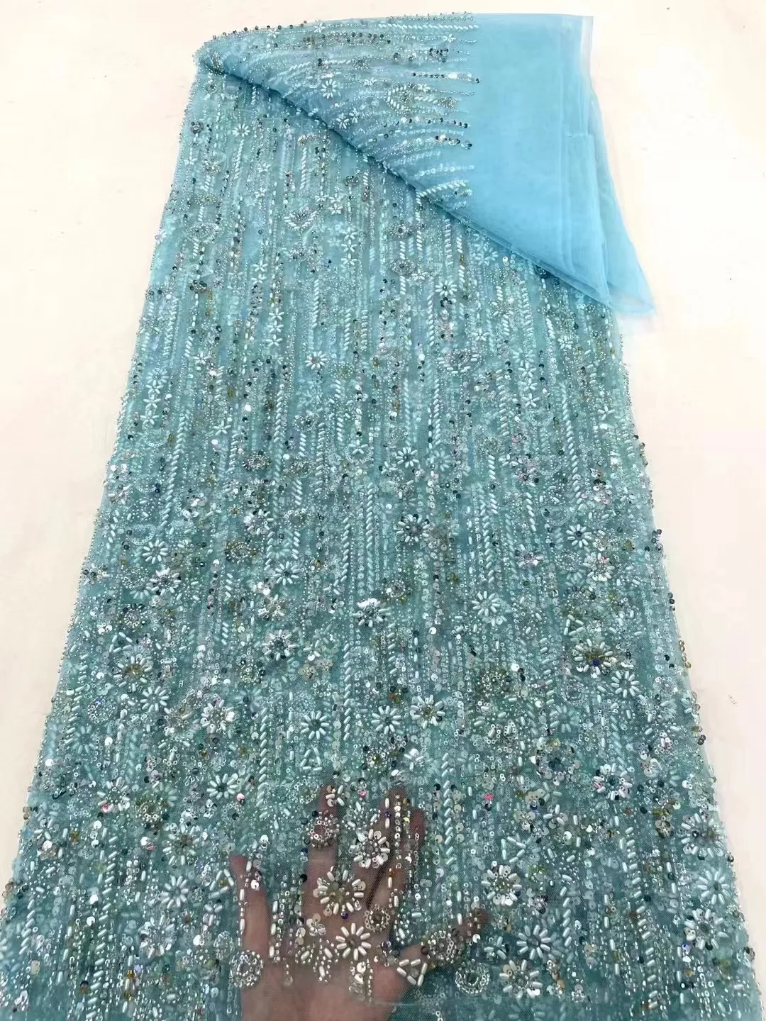 

Luxury Sequence African Beaded Lace Fabrics grey Latest High Quality French Tulle Lace Embroidery With Beads For Party Dress