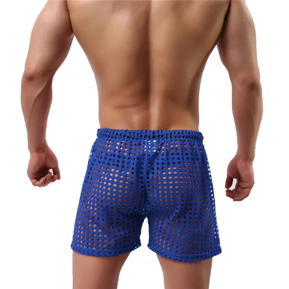 Sexy Mens Causal Shorts Big Mesh Breathable Gym Shorts Fishnet Boxers Transparent Loose Sleep Bottoms Men Hollow Out Swim Trunks