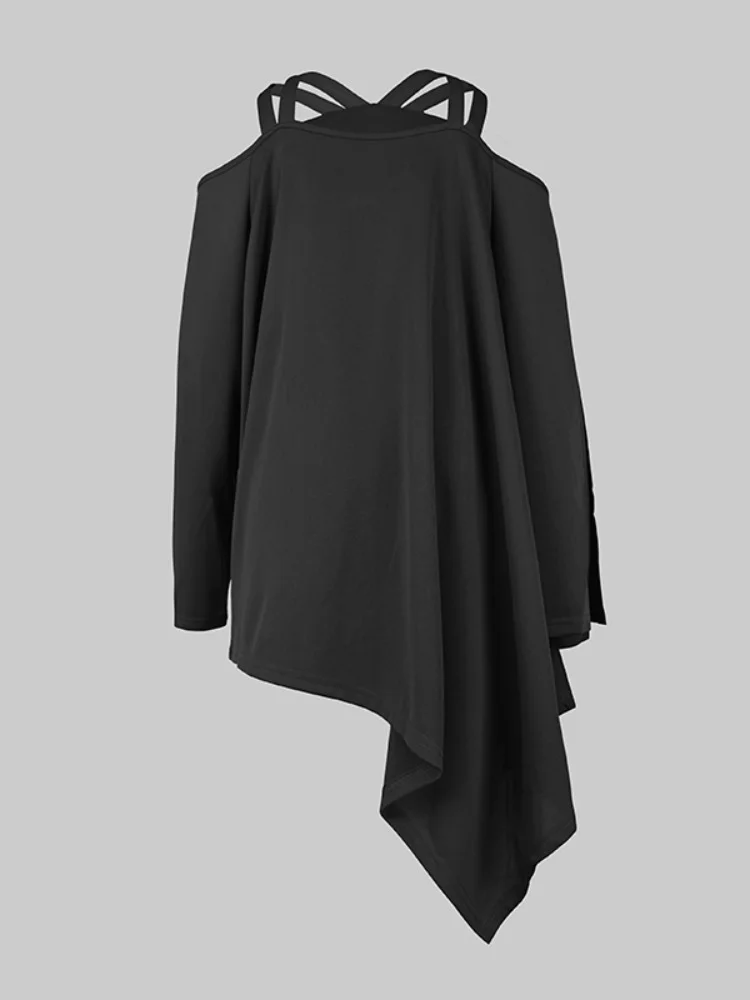 Women\'s Minimalist Daily Tops Hollowed Cold Shoulder Halter Long Sleeve Loose Pleated Shirt Elegant Asymmetric Blouse