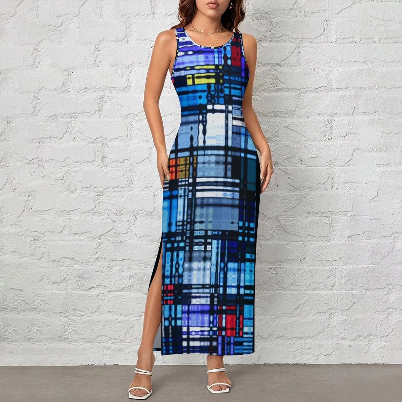 Women Bodycon Dress Vintage Colorful Retro 60s Maxi Dresses Spring Modern Abstract Print Sleeveless Street Style Graphic Dress