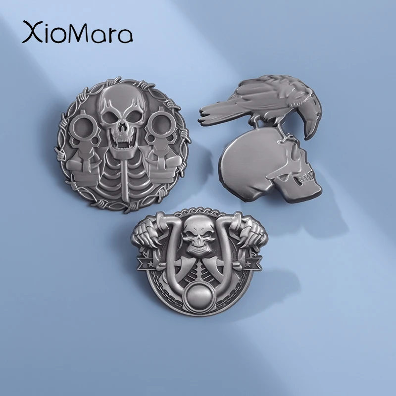 Punk Silver Color Skeleton Skull Enamel Pin Brooch Backpack Hat Metal Badge Halloween Jewelry Accessories for Friends Wholesale