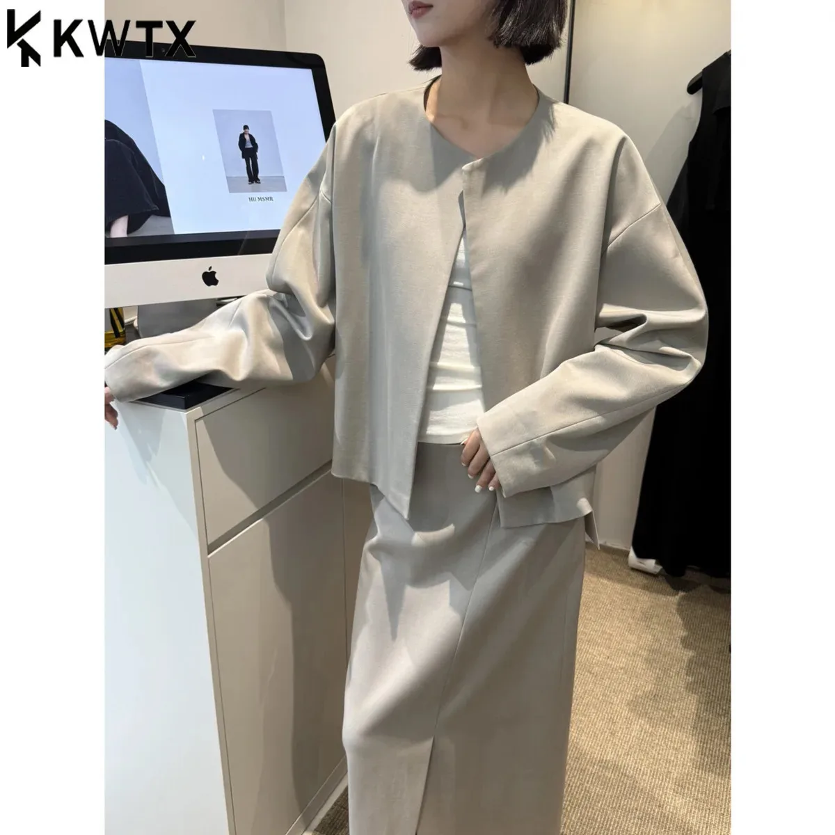 KWTX 2025 Nieuwe ronde hals jas en splitrok tweedelige set casual elegante ontwerper retro chic effen kleur lente herfst outfit