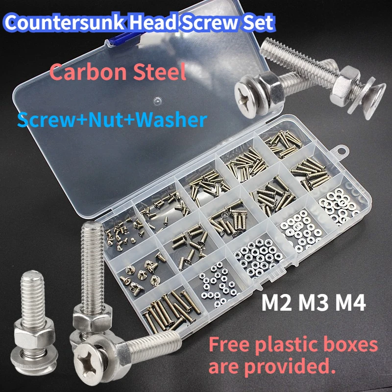 M2 M3 M4 KM Carbon Steel Cross Phillips Flat Countersunk Head Screw Bolt Nut Washer Set Kit Box