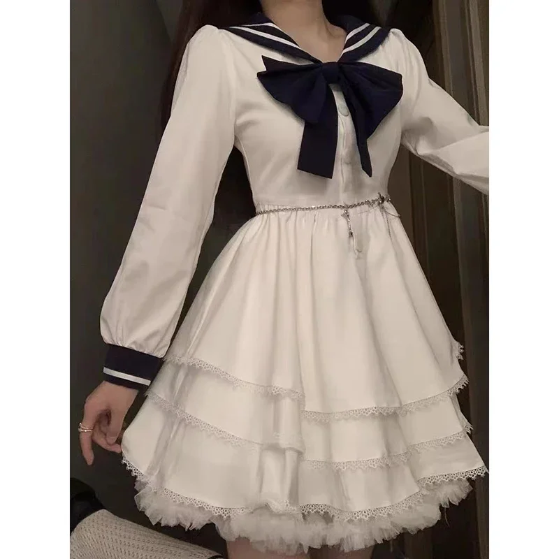 Long Sleeve White Lolita Dress Goth Aesthetic Puff Sleeve High Waist Vintage Bandage Lace Trim Party  Clothes Dress Woman