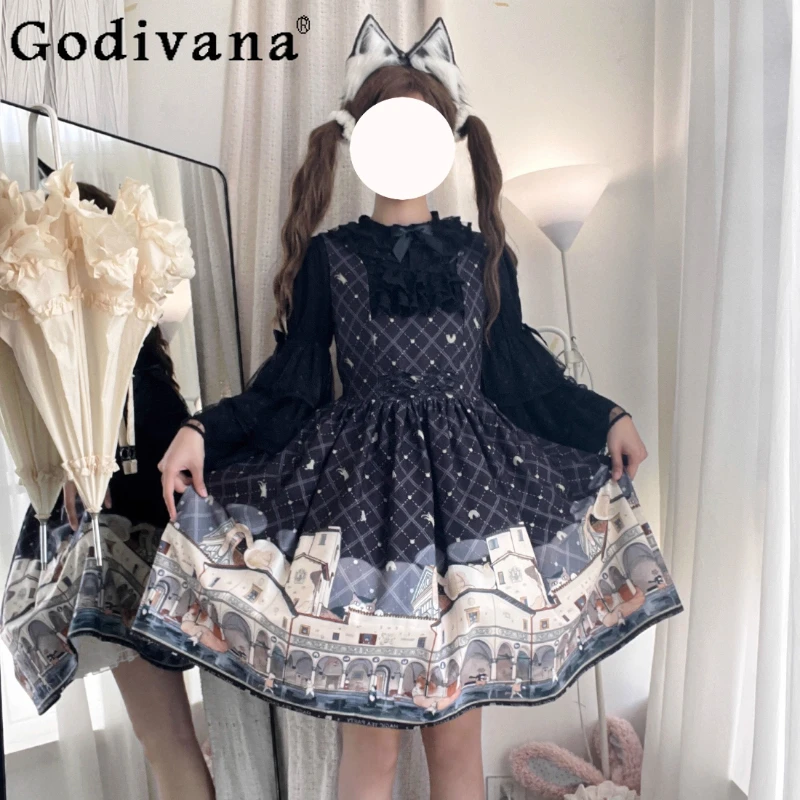 

Оригинальное милое платье на бретельках в стиле Лолиты для девочек JSK, весна-осень, новинка 2025, женское платье Kawaii с бантом и милым принтом на день рождения