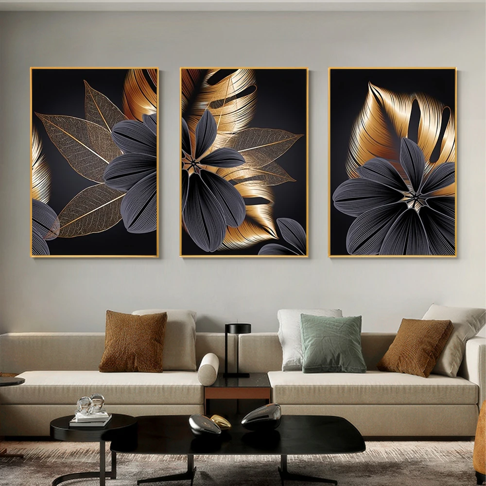 3-teiliges Set Rahmenlose Schwarze Goldene Pflanzenblatt-Leinwandbilder Abstrakte Wandkunst Nordische Wohnzimmerdekoration Gemälde