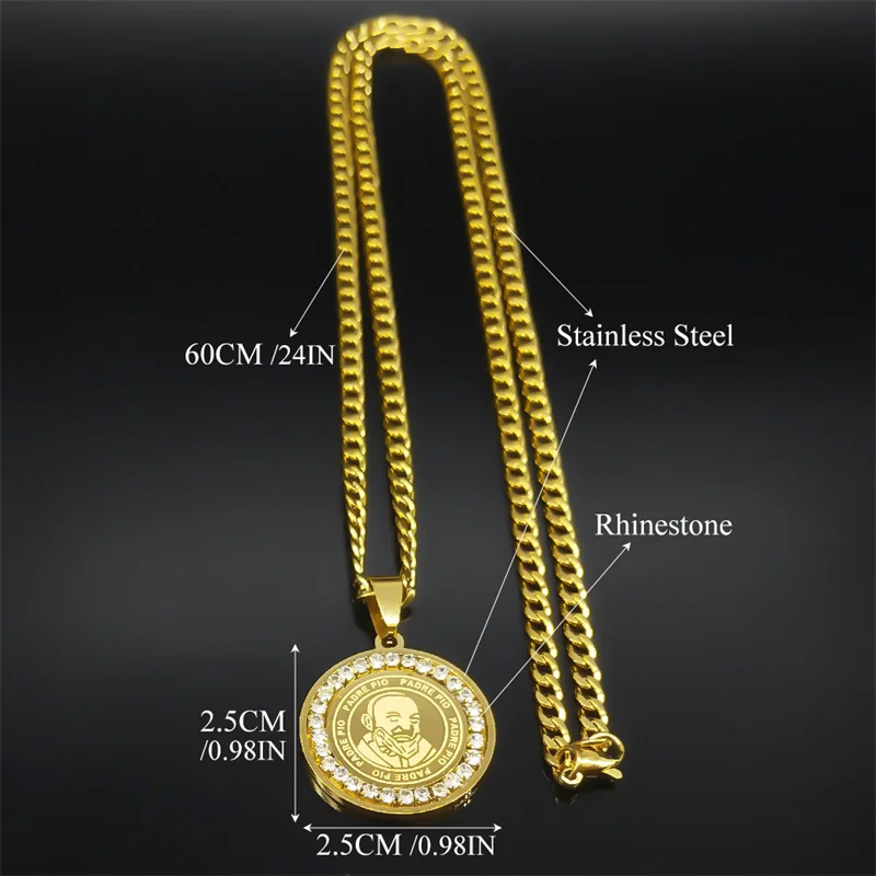قلائد بدلاية باتا بيكو للرجال والنساء ، لون ذهبي ، فولاذ مقاوم للصدأ ، سلسلة رجالية كريستالية ، هدية مجوهرات قلادة ، الأب بيو 828-qkc #6