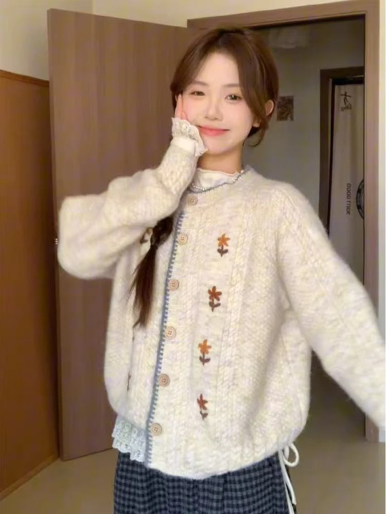

Ретро корейский вышитый цветок круглый вязаный открытый кардиган женский свободный мягкий весенне-осенний новый свитер Jaet