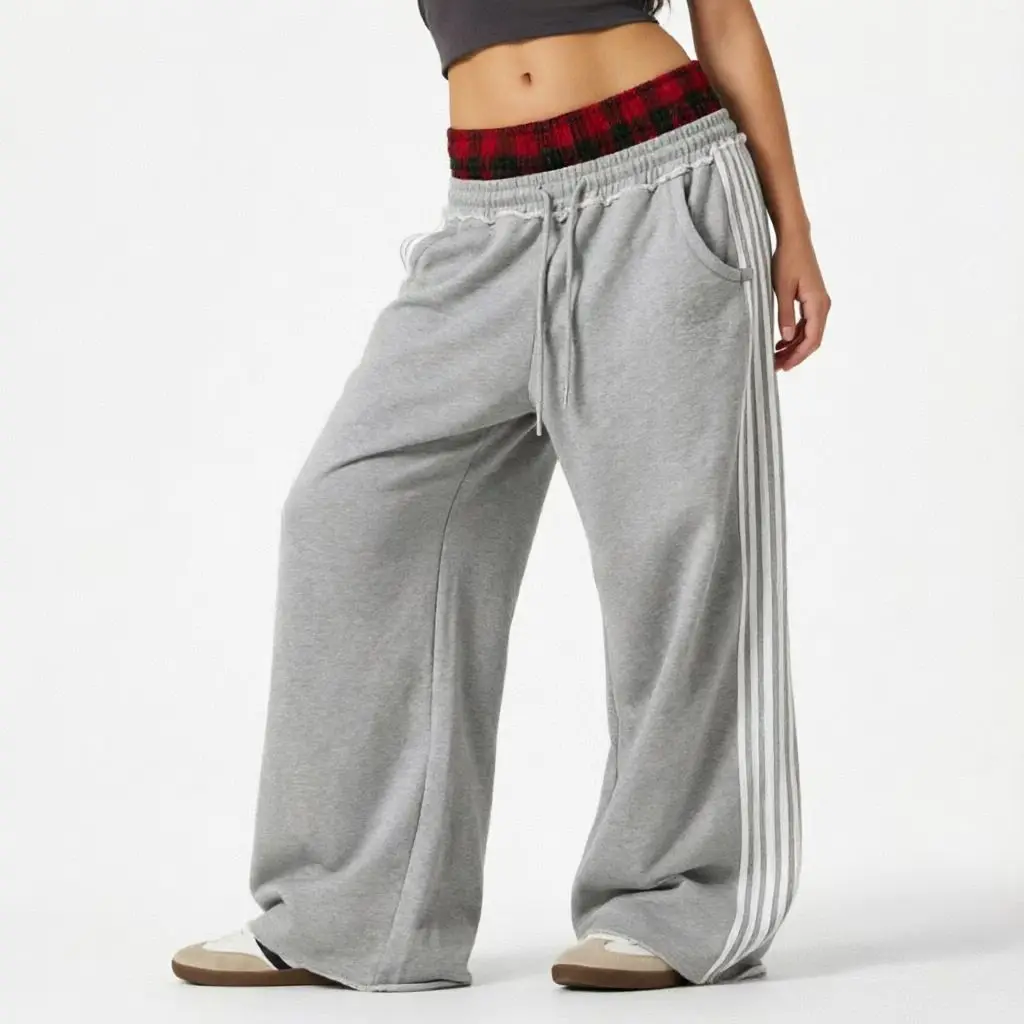 

Hip Hop Striped Casual Women Pants 2026 Fashion Retro Harajuku Loose Sweatpants Y2K Splice Lattice High Waist Wide Leg Trousers