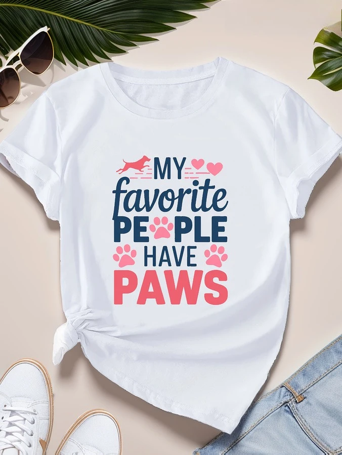 My Favorite People Have Paws T Shirt Women Cute Dog Cat Paw Print Graphic Tees Pink Heart Patterned White Crew Neck Short Sleeve Top Pet Lover Clothes