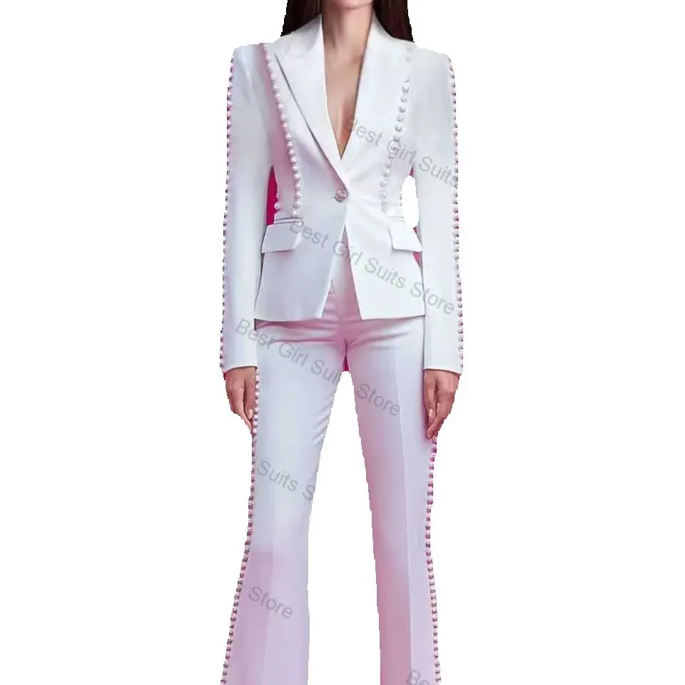 

Luxury Pearls Women Suit Set 2 Piece Blazer+Pants Trousers Elegant White Formal Office Lady Jacket Customized Wedding Prom Coat