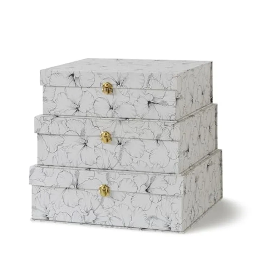

Black and White Floral Cardboard Decorative Storage Boxes with Gold Hardware - Set of 3 - Stacking Boxes with Lids for Home Dec