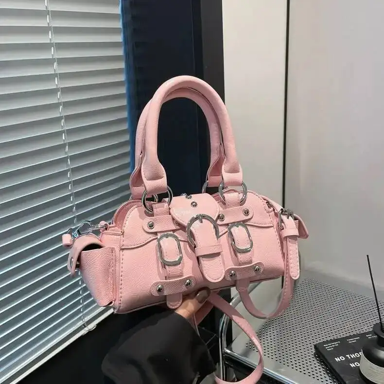 

Bloom Vintage Pink Y2k Messenger Purse Women 2025 Leather Rivet Chic Handle Casual Crossbody Bags Retro Hand Bag Aesthetic