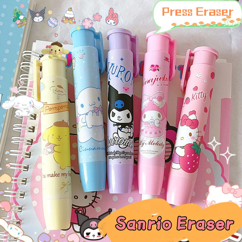 

New Hello Kitty Sanrio Erasers Retractable Press Cartoon Kuromi Mymelody Cinnamoroll Student Stationery School Office Supplies