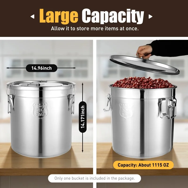 33L 304 Stainless Steel Storage Bucket with Lid Airtight Food Storage Container with Handles for Kitchen Rice Flour Cereal