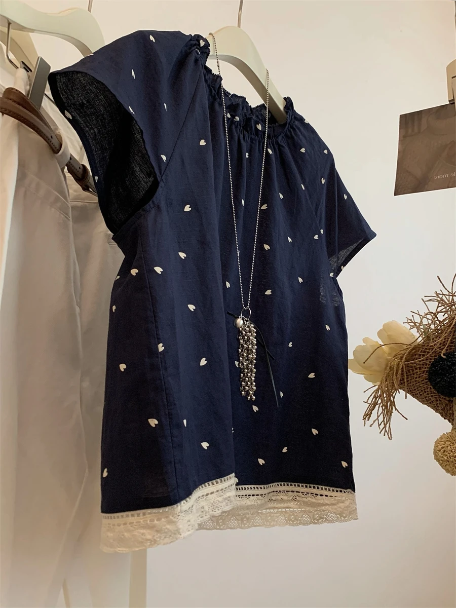 

Уникальная кружевная отделка Heart aped irt Корейский Sle Faionable Sweet Match All Doll irt Мужская летняя повседневная круглая Ne ort...