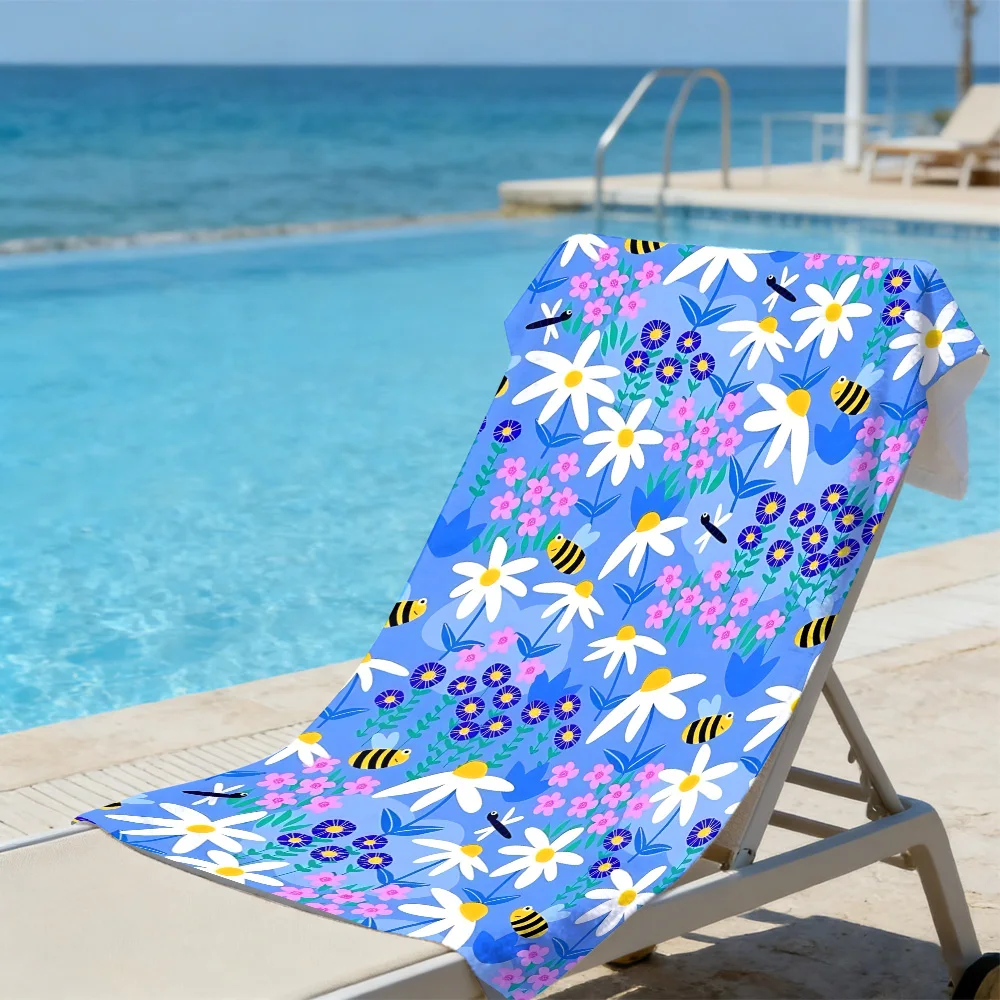 Daisy & Bee Meadow Beach Towel – Oversized Quick Dry Sand Free with Blue Floral Print for Summer Getaways
