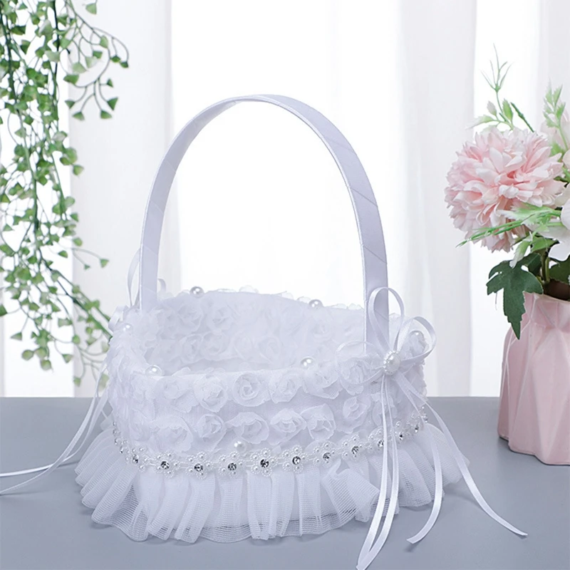 Wedding Flower Girl Baskets Elegant White Small Piece Round or Heart Shaped Flower Basket Lace Faux Flowers Decor