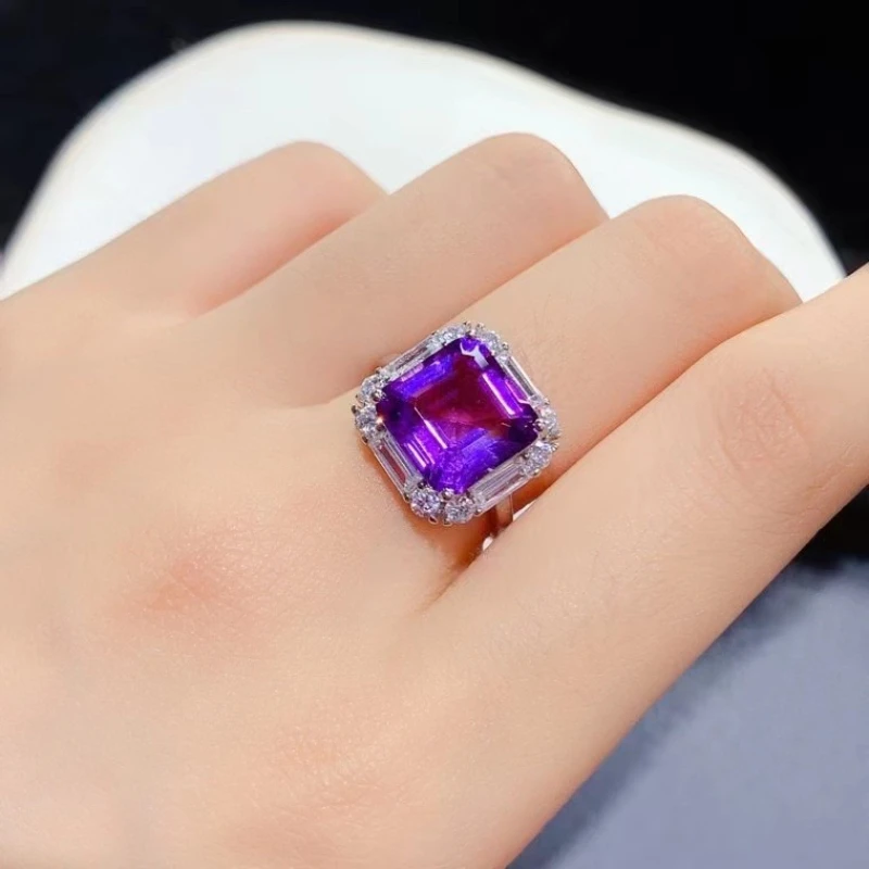 

Dazzling 925 Silver Crystal Ring 100% Natural Amethyst Ring for Party 10mm 5ct Brazilian Amethyst Jewelry