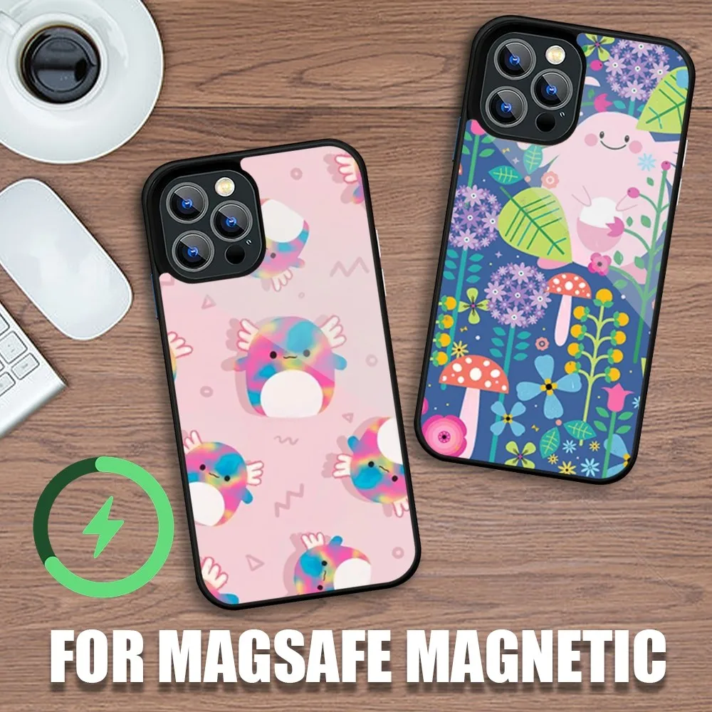 Cartoon Axolotl Cute Phone Case For iPhone 16 11 12 13 14 15 Plus Pro Max Charging Magsafe Magnetic Wireless Cover