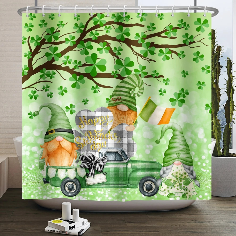 St Patricks Day Shower Curtain for Bathroom Happy St. Patrick's Leprechaun Gnomes Irish Green Truck Waterproof Bath Curtain