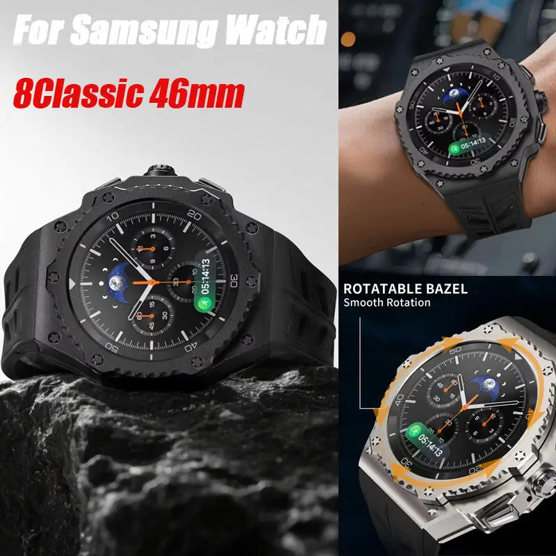 luxury-modification-kit-for-samsung-galaxy-watch-8-classic-46mm-metal-case-rubber-band-for-watch-8-classic-46mm-refit-kit-belt