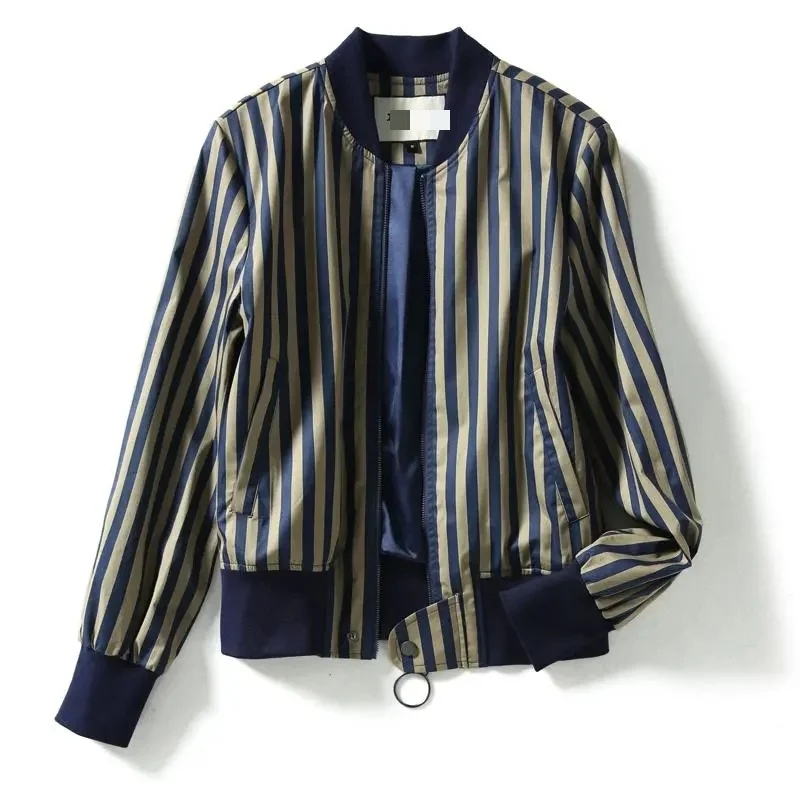 2023 New Women Spring Autumn Coat Short Jacket Stripes Casual Outwear Cotton Elegant Jackets Baseball Uniform Feminino