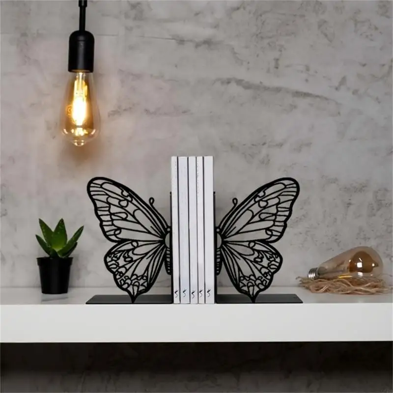 Q6PA Butterfly Bookends for Shelves, Black Metal Openwork Supports Hold Books, Files and Magazines Upright on Desks or