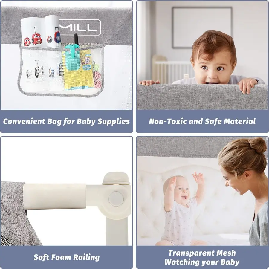 حاجز سرير للأطفال الصغار بقاعدة على شكل أمريكي، قضبان سرير للأطفال الصغار لحارس الأطفال من King Twin بالحجم الكامل، رمادي، قطعة واحدة، 74.8 #6