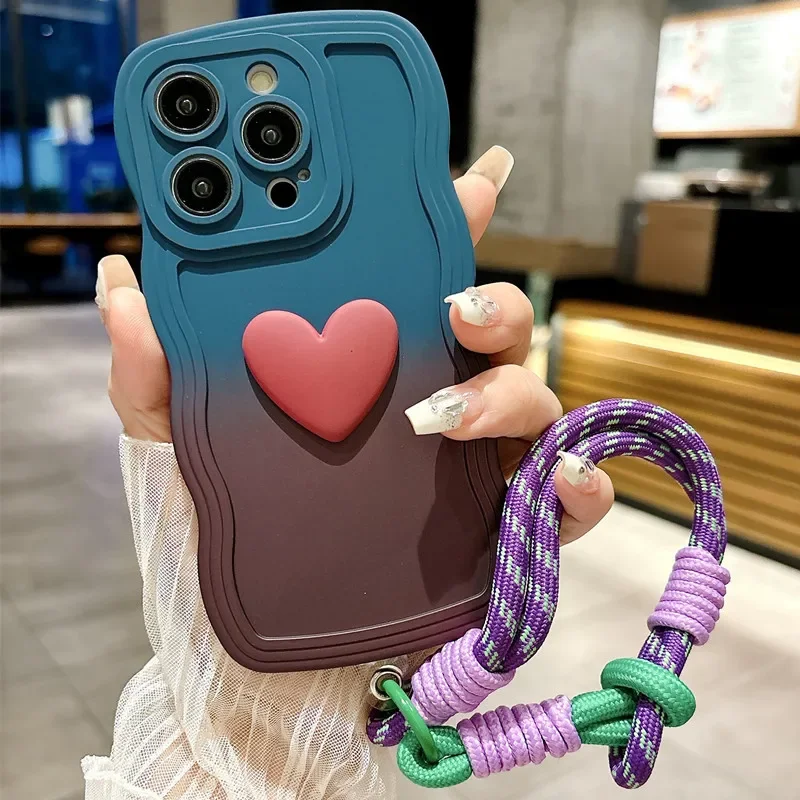 3D Cute Love Heart Gradient Curly Wave Phone Case with Wrist Strap Lanyard For iPhone 16 15 Pro Max 14 13 12 11 XS X XR 7 8 Plus