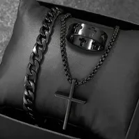 Men's 3pcs Fashion Alloy Jewelry Set - Cross Pendant Necklace, Bracelet & Ring Combo