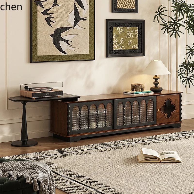 

QZT solid wood TV storage locker integrated living room household small apartment telescopic coffee table TV cabinet combination