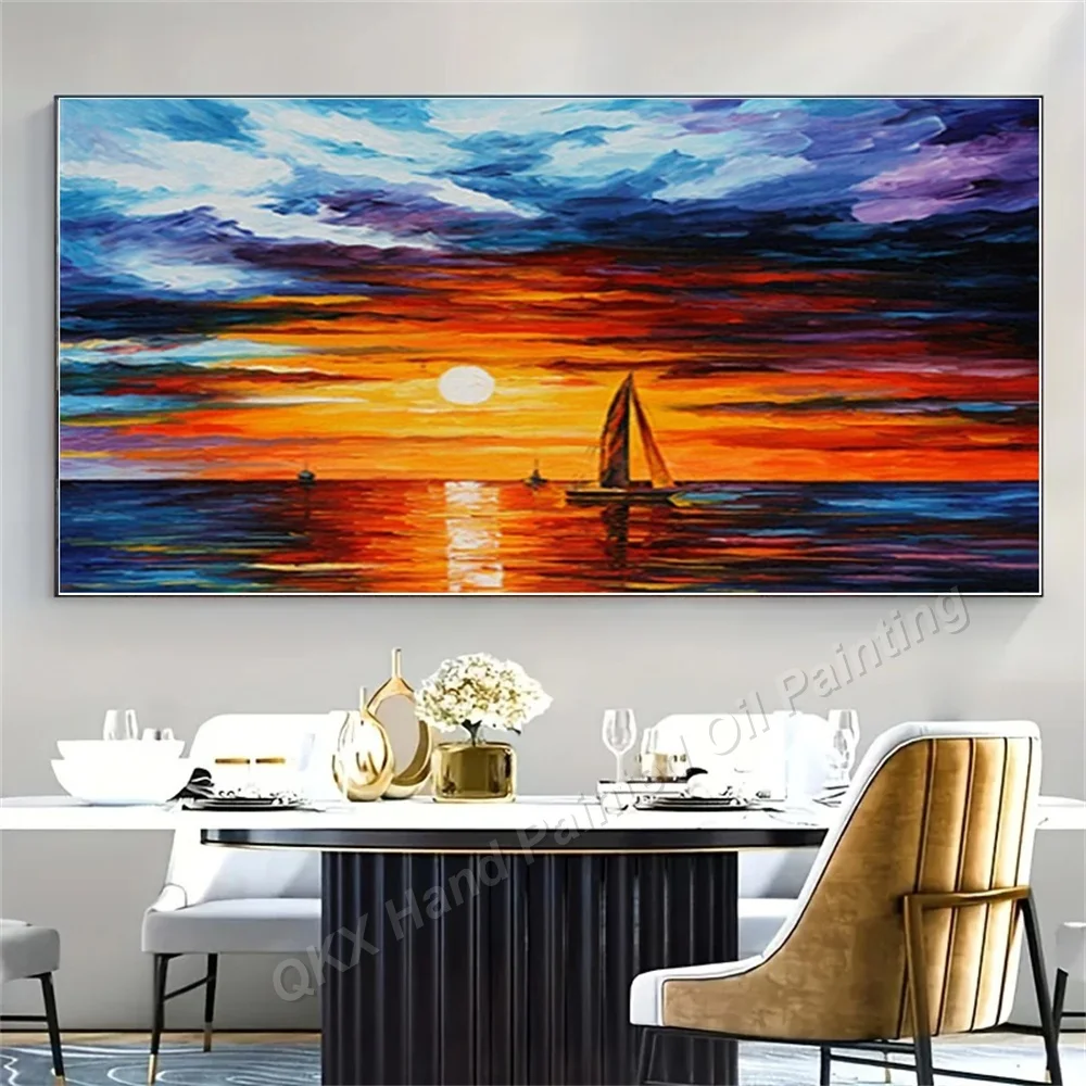 Hand-Painted Oil Painting on Canvas Wall Art Decor for Living Room, Vibrant Ocean Sunset Yacht Textured Landscape Wall Art