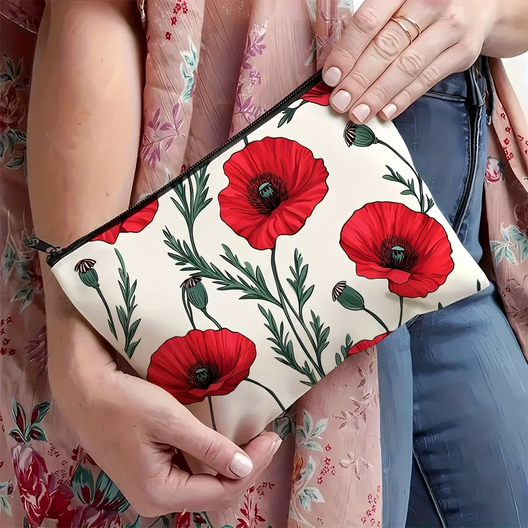 1Pc Warm and Cozy Poppy Flower Retro Design Multifunctional Travel Makeup Bag, Snack Storage Bag, Stationery Storage Bag, Fashionable Toiletry Bag, Canvas Double-Sided Printed Zipper Pouch