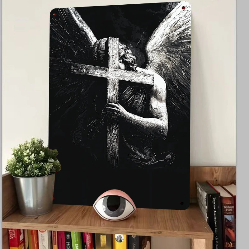Angel Embracing Cross Metal Iron Painting Religious Home Decor Living Room Wall Art Hanging Ornament