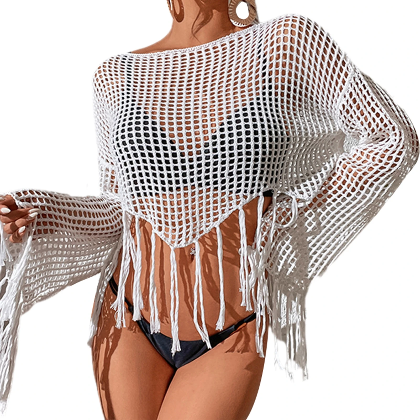 Top holgado de manga larga con flecos para mujer, ropa de playa informal de estética, liso, acampanado