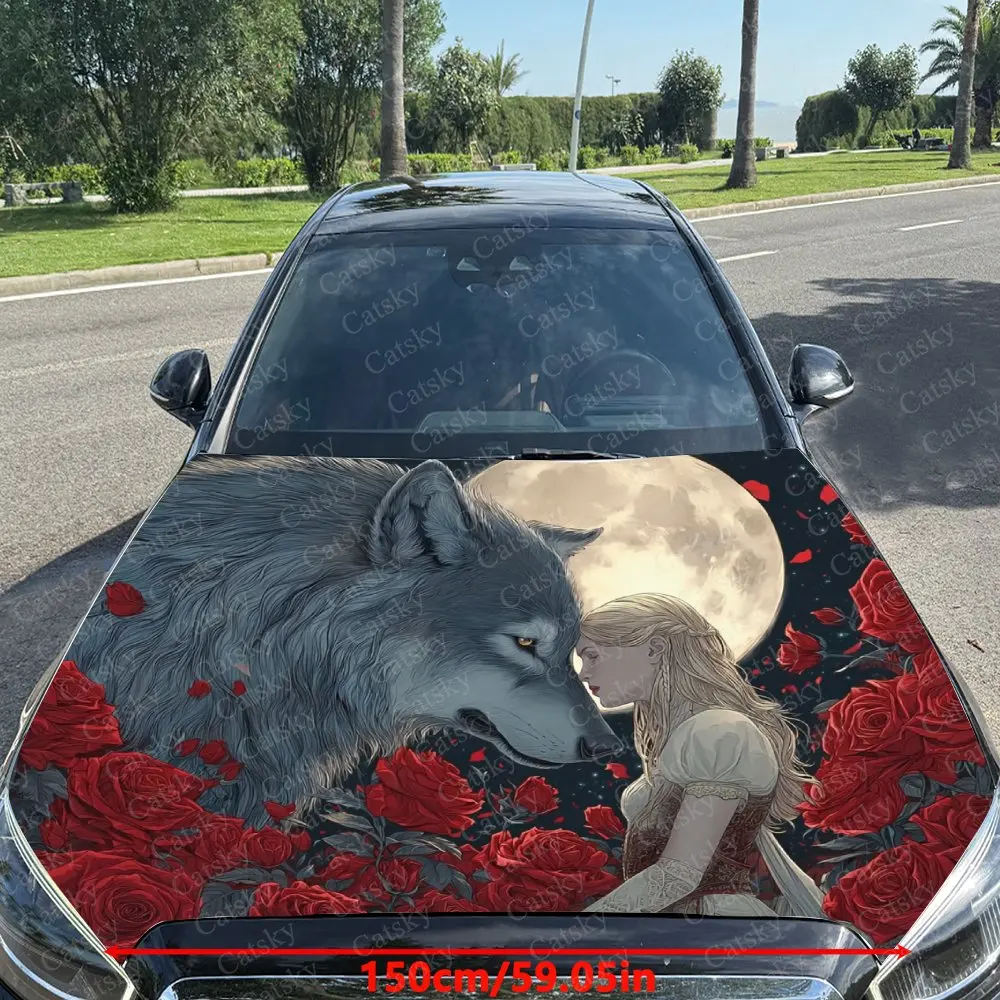 Night Moon Red Rose Princess And Wolf Car Hood Decal Sticker, Durable Car Vinyl Wraps Suitable For Most Vehicles, Car Engine Hoo