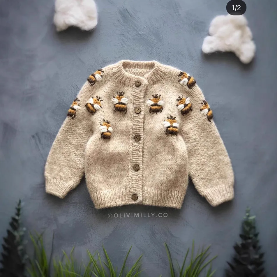 Nordic Ins Style Bee Embroidered Kids Cardigan Sweater, 2026 Girls Long Sleeve Versatile Jacket for Little & Big Kids