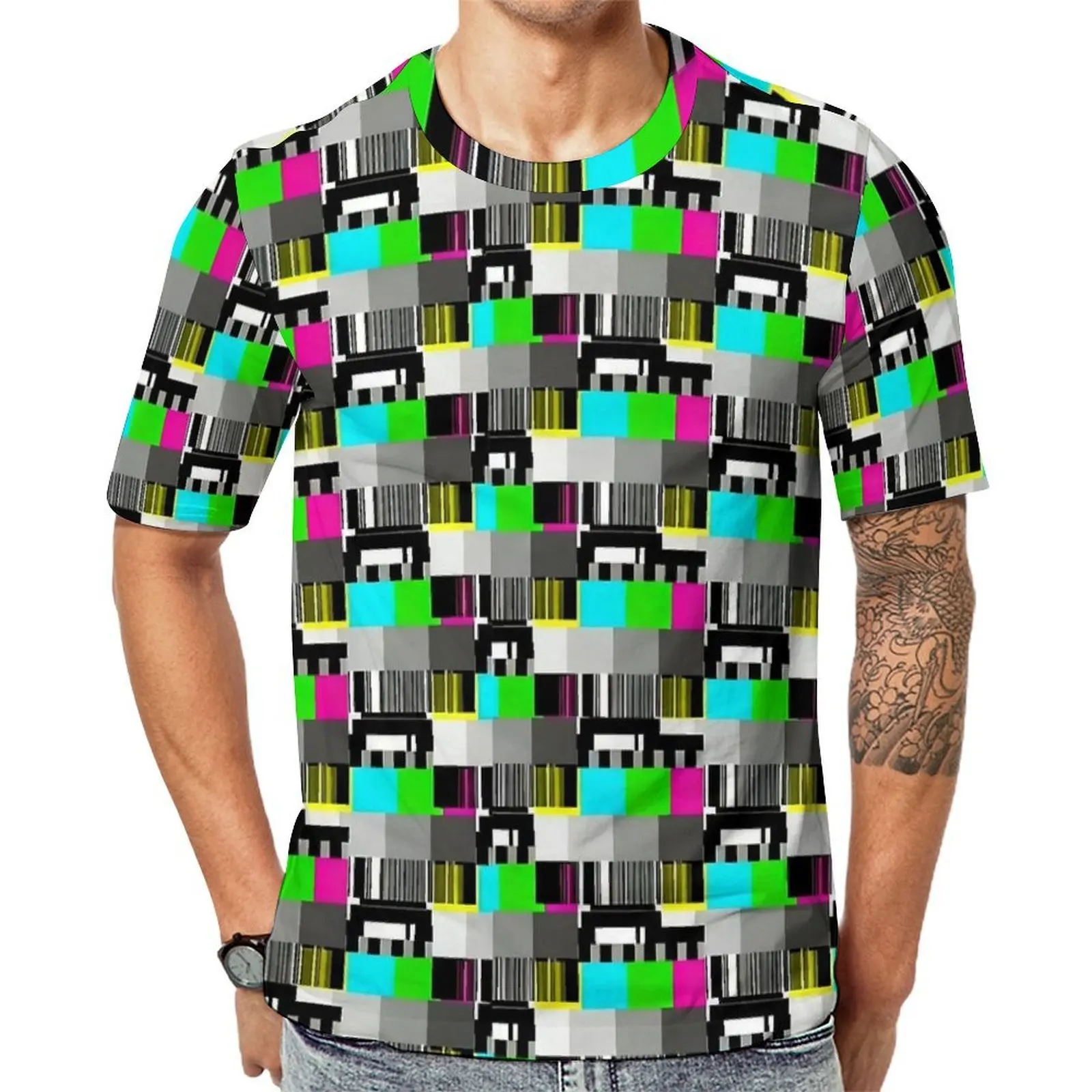 TV Bar Glitch Pattern T-Shirt  Popular T-Shirts Man Kawaii Tshirt Original Short-Sleeved Graphic Tops Plus Size