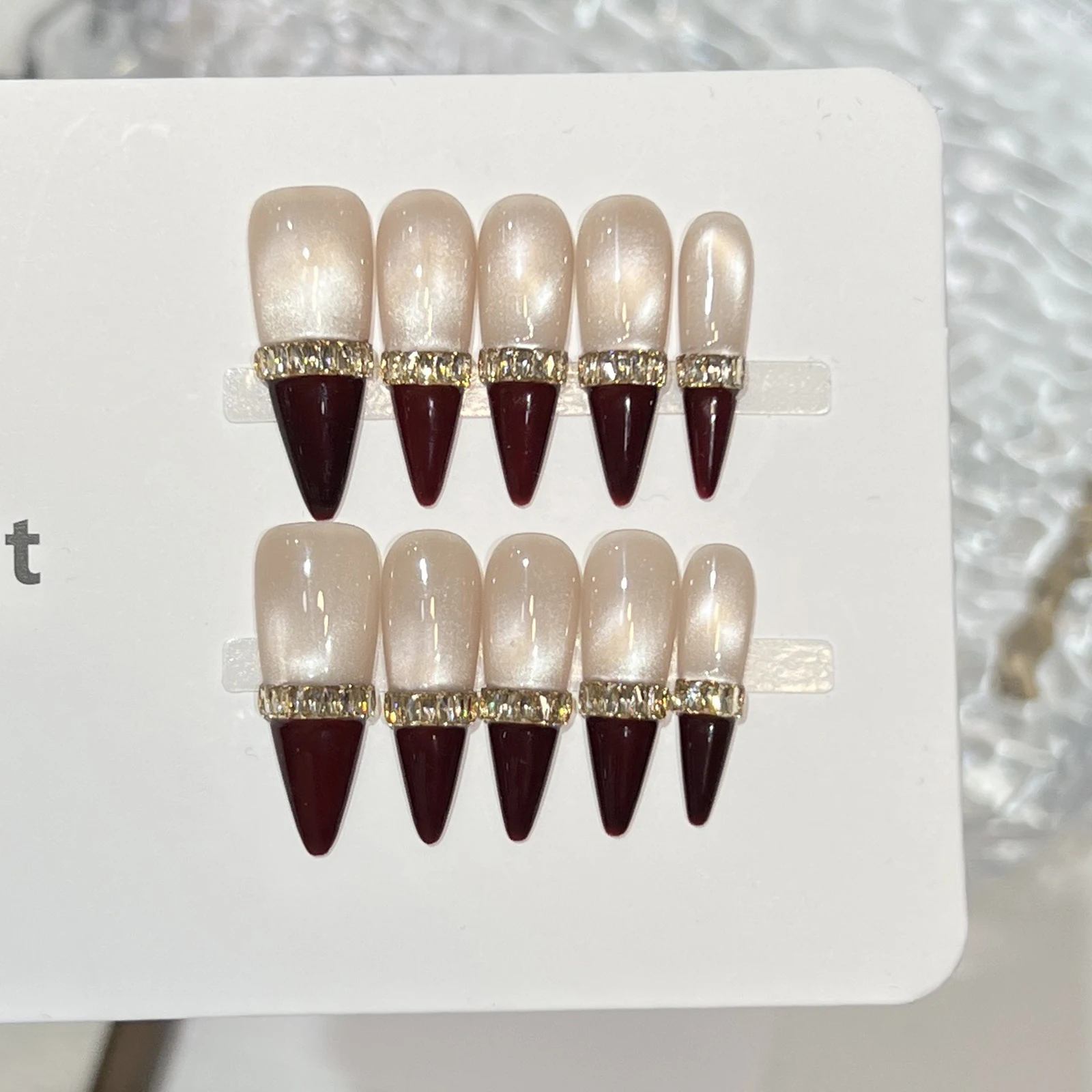 10pcs Champagne French Nails with Glass Beads Cat Eye Rhinestones Handmade Fake Nails for Wedding Party Formal Events