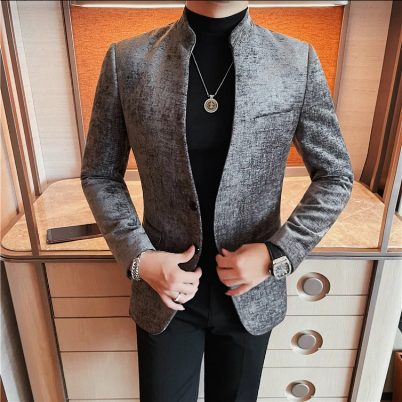 Autumn Corduroy Stand Up Collar Suit Jacket Men Slim Fit Casual Business Blazers Street Wear Social Banquet Party Suit Jackets