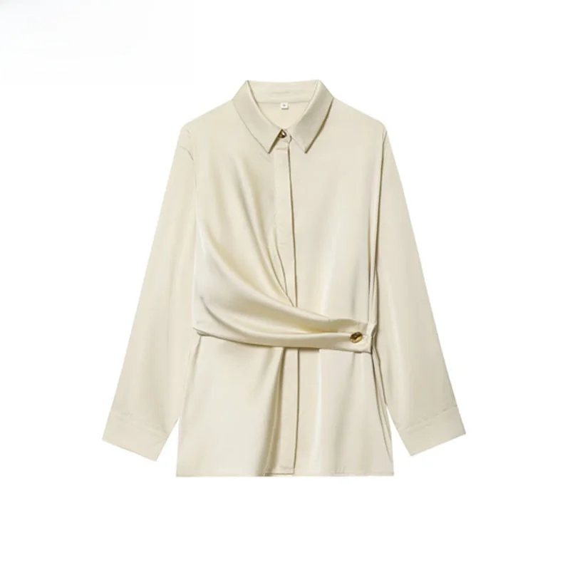 

Модная женская рубашка из шелкового атласа с длинным рукавом, двубортная, свободного кроя, в уличном стиле, из полиэфирного волокна, устойчивого к деформации.