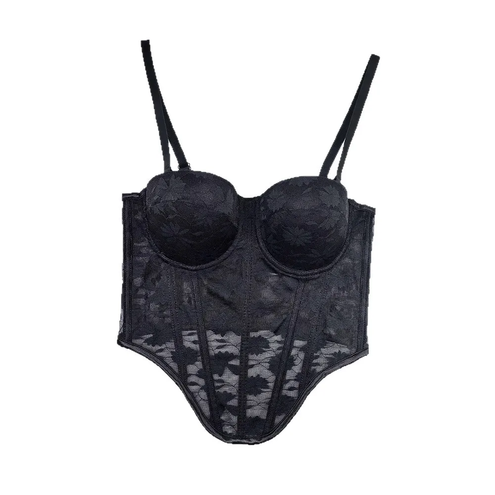 Sheer Lace Corset with Removable Pads, Tummy Control Bustier Top for Women, Sexy Long Short Hemline Layering Push Up Bra