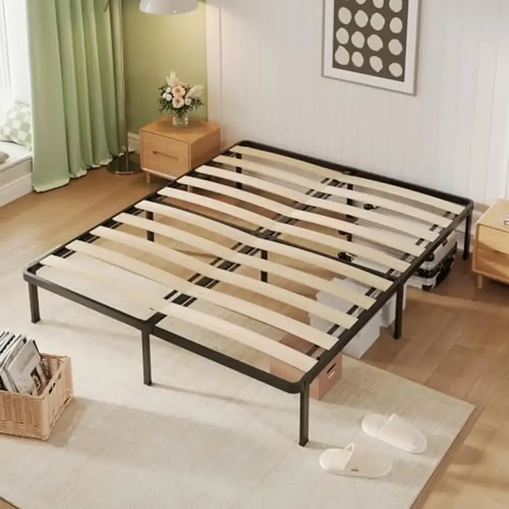 Queen Size Foldable Metal Platform Bed Frame with Wooden Slats Underbed Storage 14