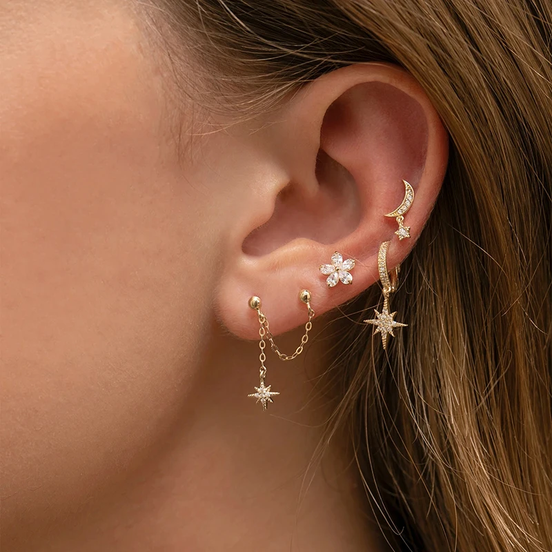 Aide-pendientes de aro de Plata de Ley 925 para mujer, aretes de dos círculos, colgante de estrella de circón, cadena, borla, doble Huggie, joyería de fiesta