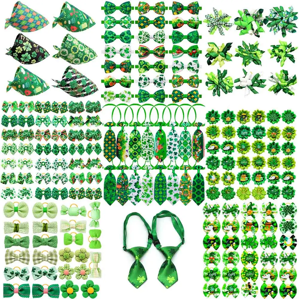 

30/50PCS Dog Grooming Accessories For St. Patrick's Day Handmade Dog Bows Green Style Adjustable Dog Bowties Collar Pet Supplies