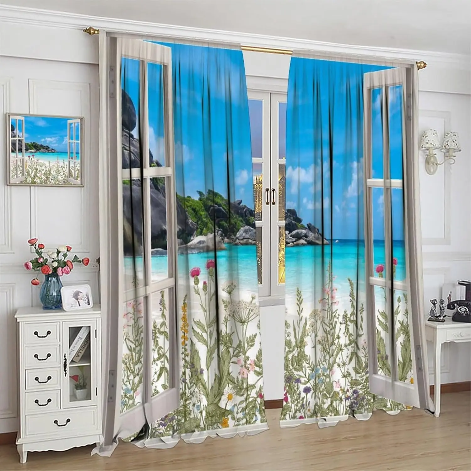 Beach Curtains for Kitchen,Leisure Tropical Summer Sun Sand Sea Countryside Flower Ocean View Window Drapes for Boys Girls