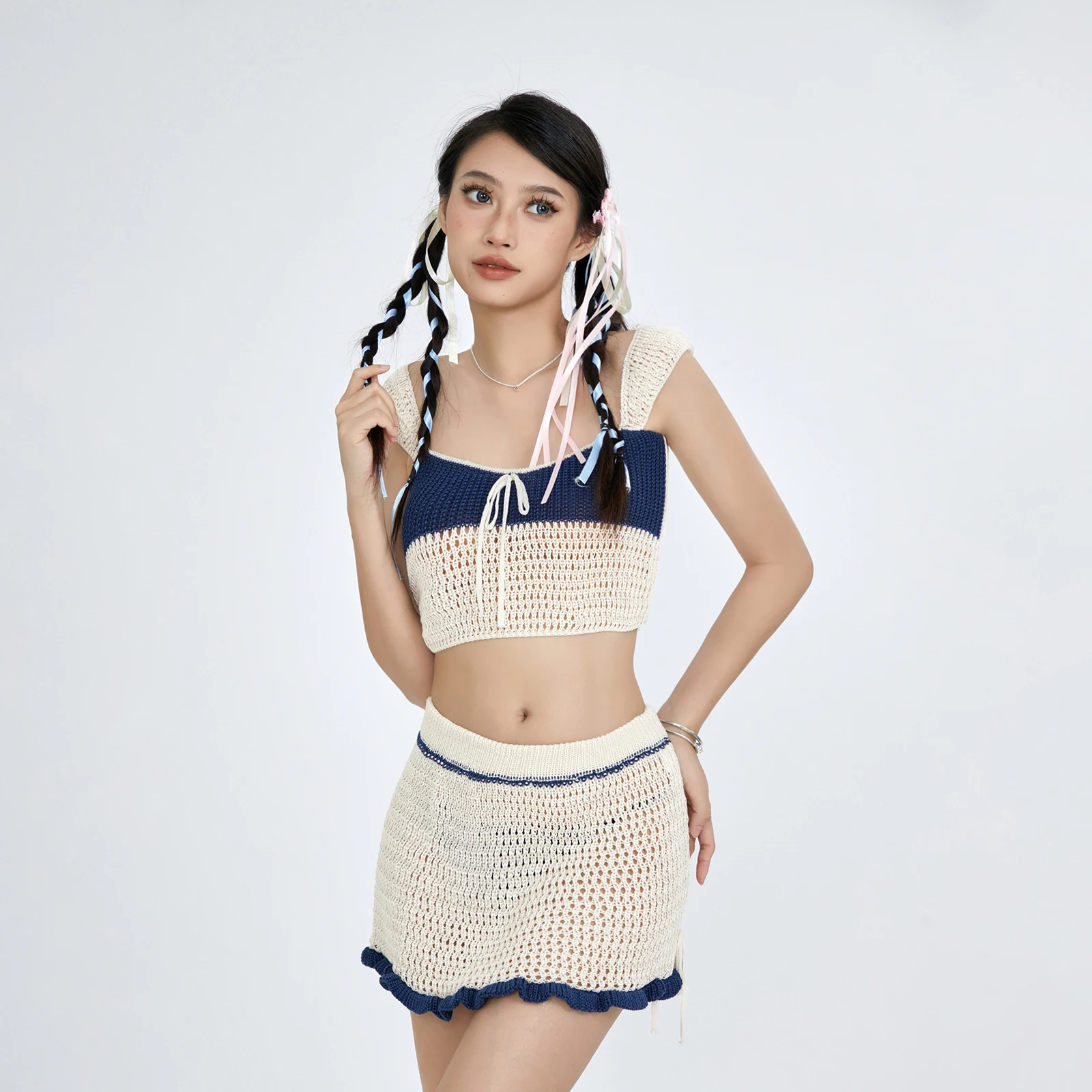 Women Two Piece Knit Sets Skirt Outfits Hollow Out Long Sleeve Crop Top Bodycon Summer Set Streetwear
