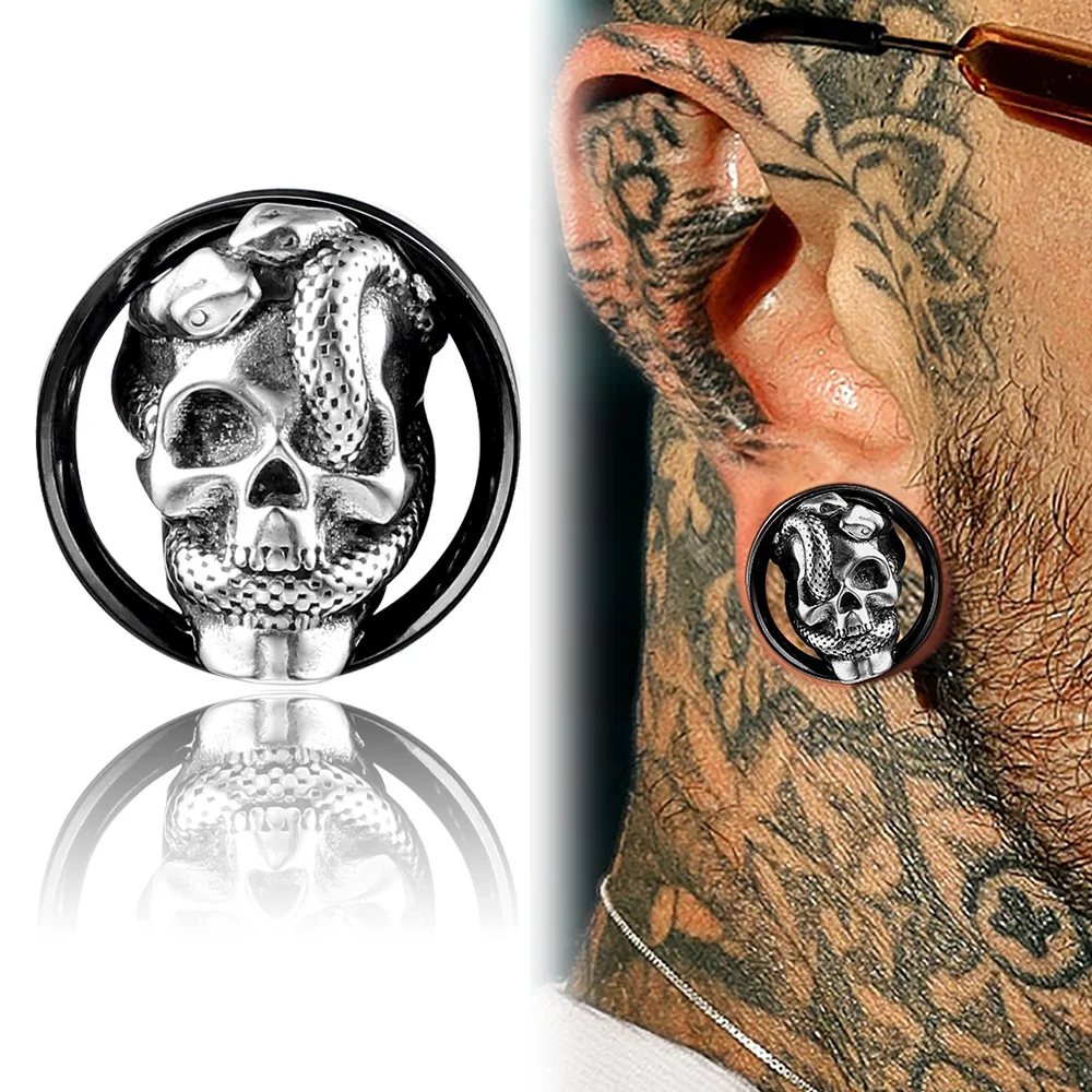 Giga 2PCS Cool Skull Piercing Body Jewelry for Women & Men Stainless Steel Ear Plugs Gauges Expander Earring 6mm-16mm